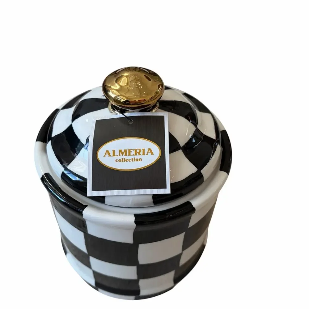 Almeria Checkered Ceramic Canister w/ Lid Black & White 8.5x6 NEW